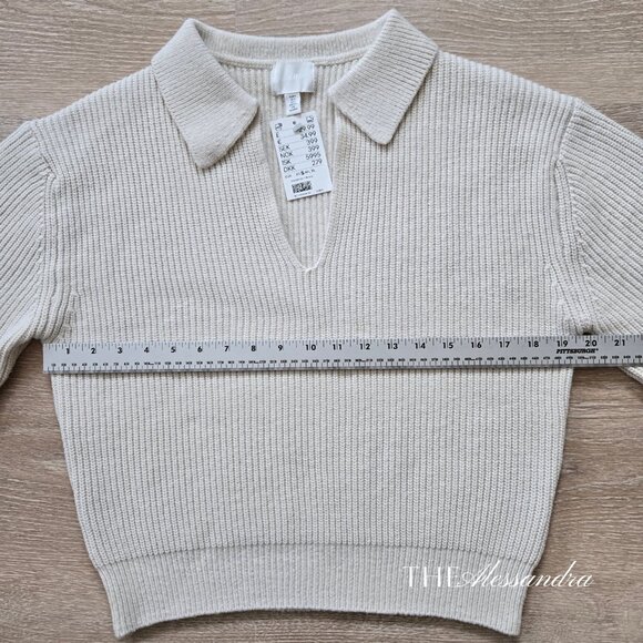 H&M Rib Knit Collared Sweater Long Sleeve Cropped Cream Size Small New With Tags - Picture 5 of 17